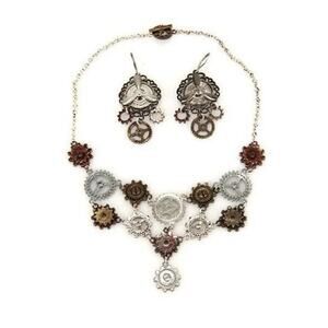 New Steampunk Multi Gear Necklace and Earrings Set Propellers and Gears NIP